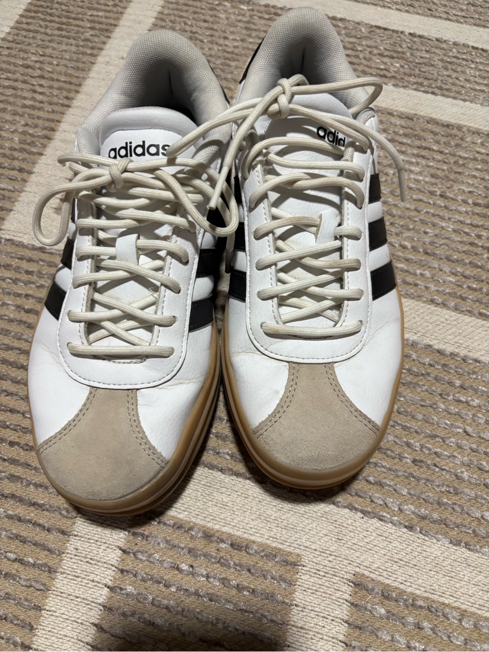 adidas White Sneakers with Black Stripes and Tan Accents
